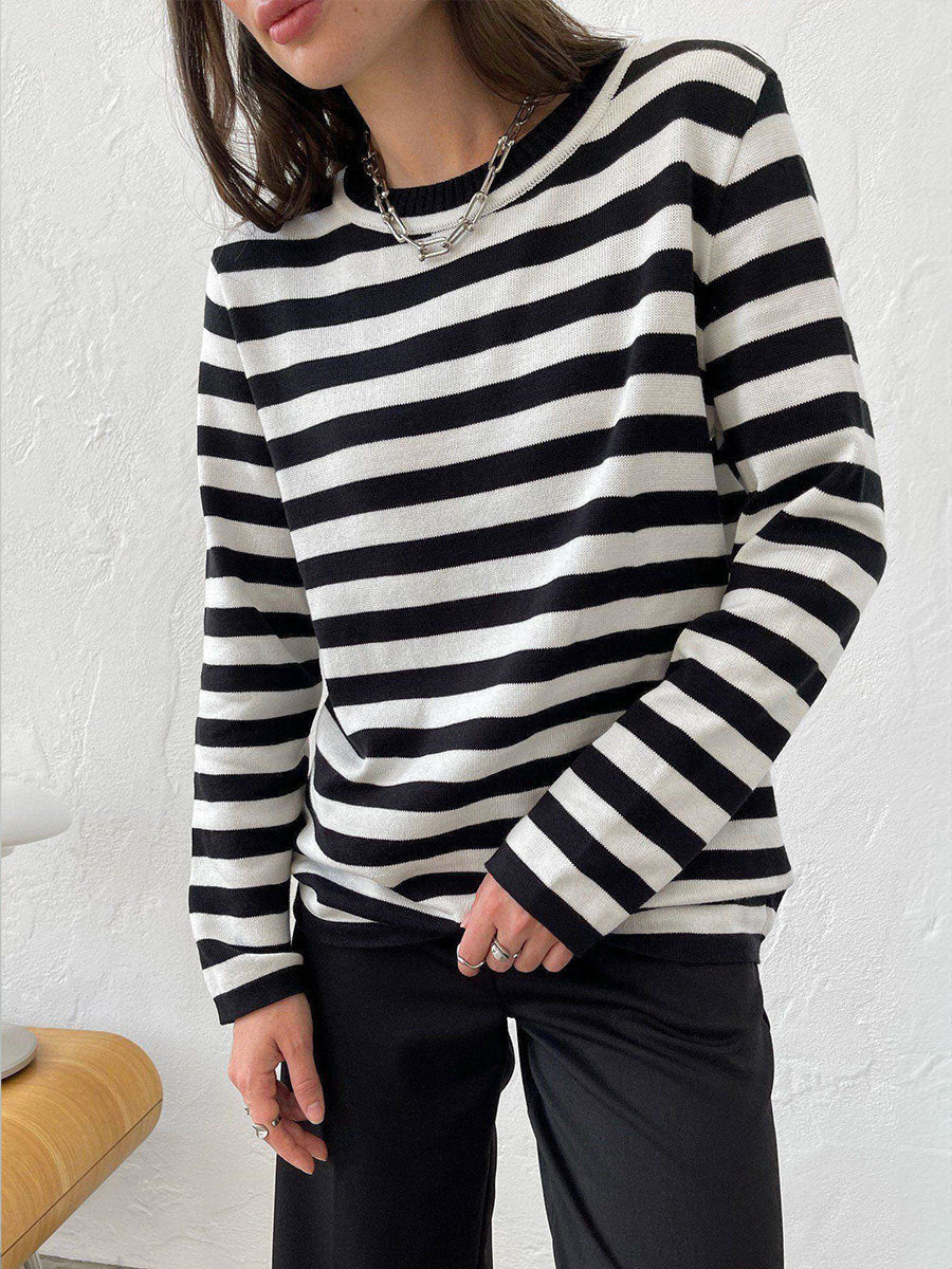 Damen lässiger Strickpullover mit gestreiftem Muster und weitem Schnitt Drune