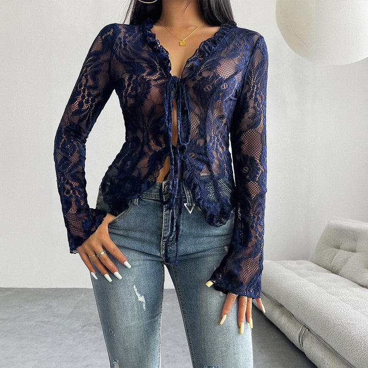 Damen Spitzenbluse mit Rüsche Drune