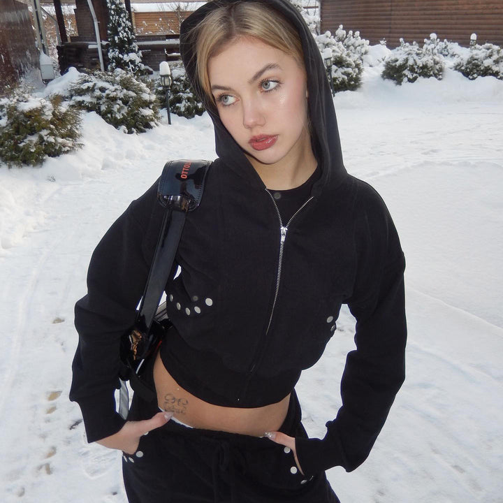 Damen sportlicher Cropped Hoodie mit innovativen Druckknopfdetails Drune