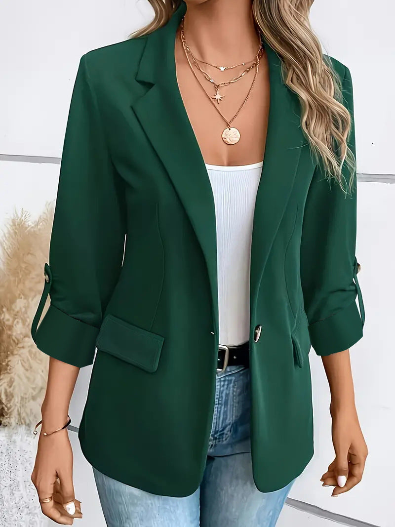 Damen nan taillierter Business-Blazer mit verkürzten Ärmeln umgeschlagenen Manschetten und dekorativen Knöpfen Drune