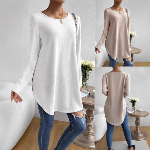 Damen lässiges Longsleeve-T-Shirt mit asymmetrischem Saum und bequemem Rundhalsausschnitt Drune
