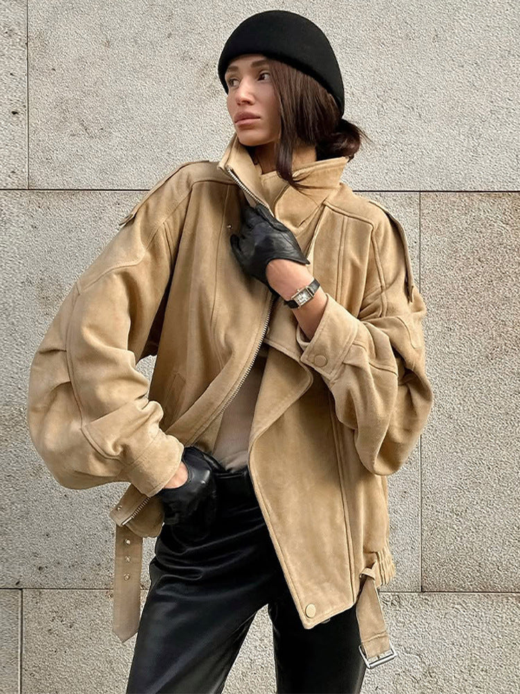 Damen Oversized Wildlederjacke mit asymmetrischem Schnitt und modischen Details Drune