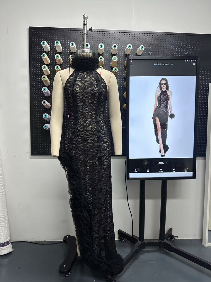 Damen Elegantes Spitzenkleid mit voluminösen Rüschen und transparenten Details Drune