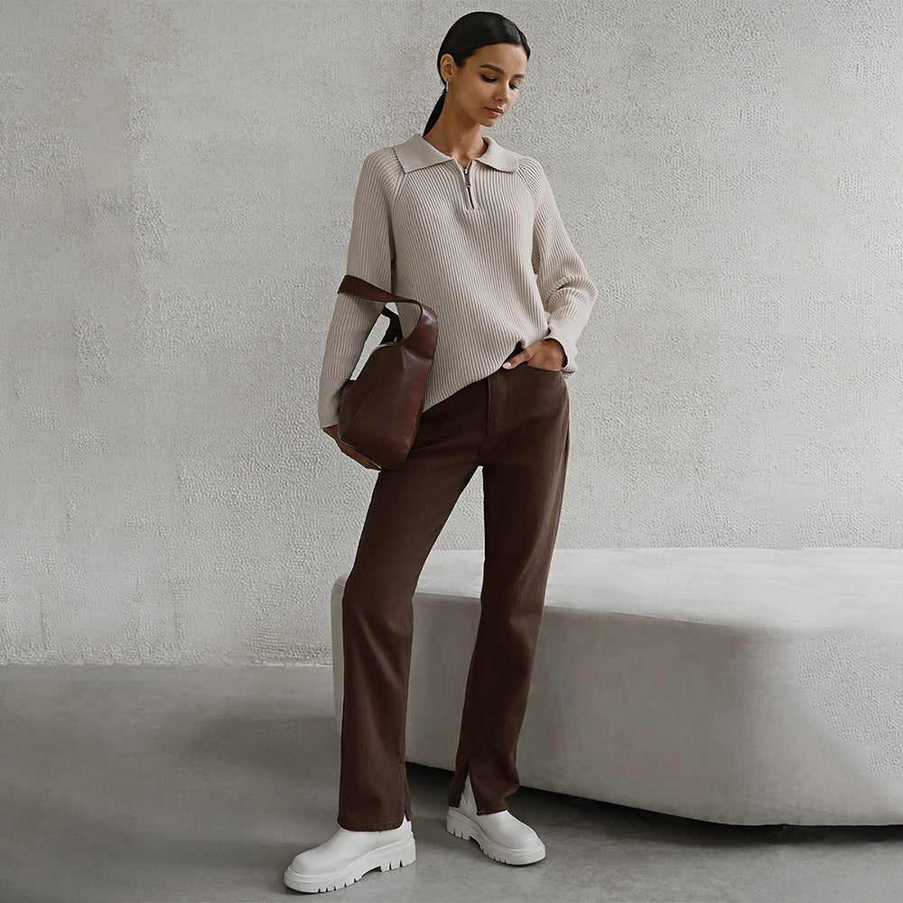 Damen moderner Langarm-Pullover mit Stehkragen und Zipper Drune