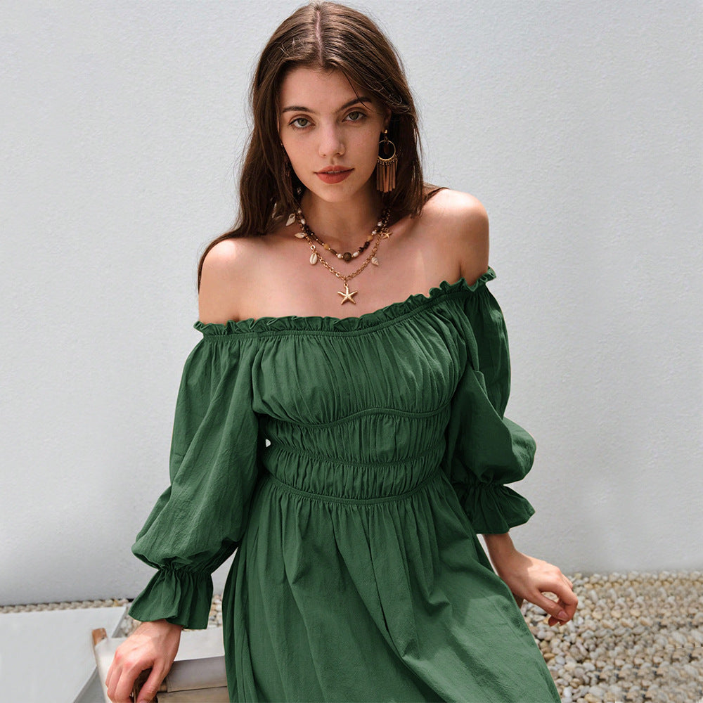 Damen Maxi-Kleid im eleganten Off-Shoulder-Stil mit gerafften Puffärmeln Drune