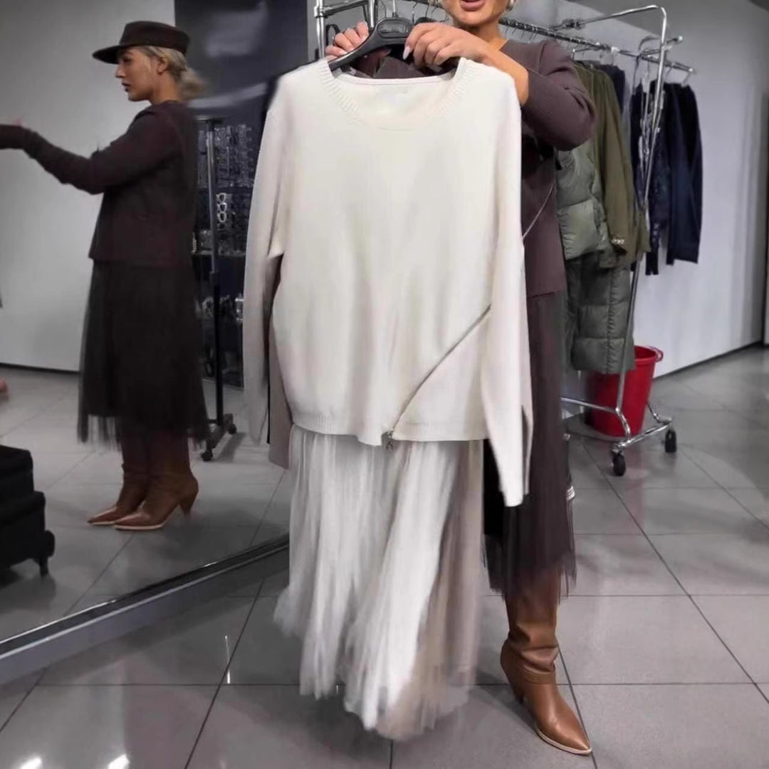 Damen trendiger, asymmetrischer Pullover mit Drapierung Drune
