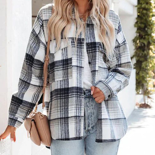 Damen lässige Karobluse mit aufgesetzten Taschen Drune