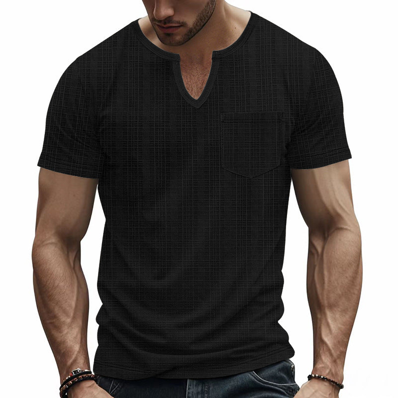 Herren nan Kurzarmshirt mit geschlitztem V-Ausschnitt strukturierter Leinenoptik und aufgesetzter Brusttasche Drune