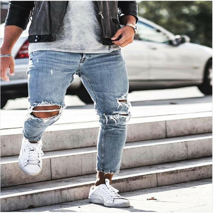 Herren Zerrissene Denim Slim-Fit Jeans mit modischen Waschungen Drune