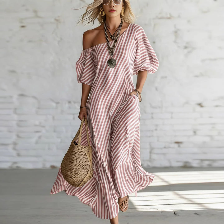 Damen Maxikleid mit asymmetrischem Schnitt und auffälligen Streifen Drune