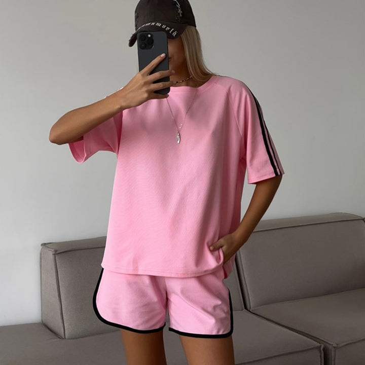 Damen sportliches Kurzarm-Set mit seitlichen Kontraststreifen und elastischer Taille Drune