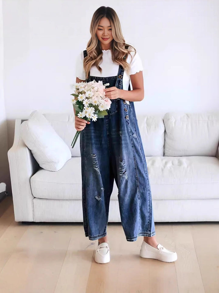 Damen lässige Denim-Latzhose mit trendigen Destroyed-Details Drune
