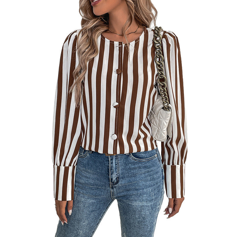 Damen gestreifte Bluse mit eleganten Puffärmeln und Schaltknöpfen Drune