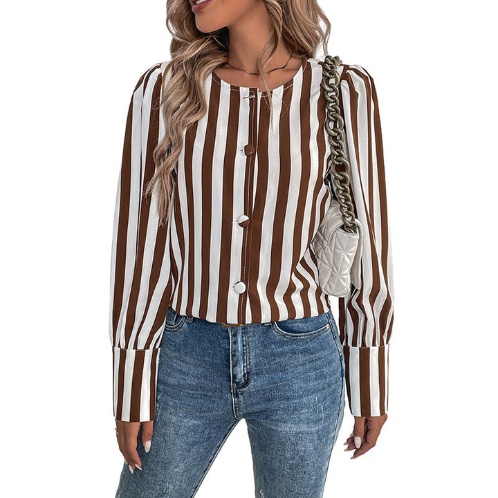 Damen gestreifte Bluse mit eleganten Puffärmeln und Schaltknöpfen Drune