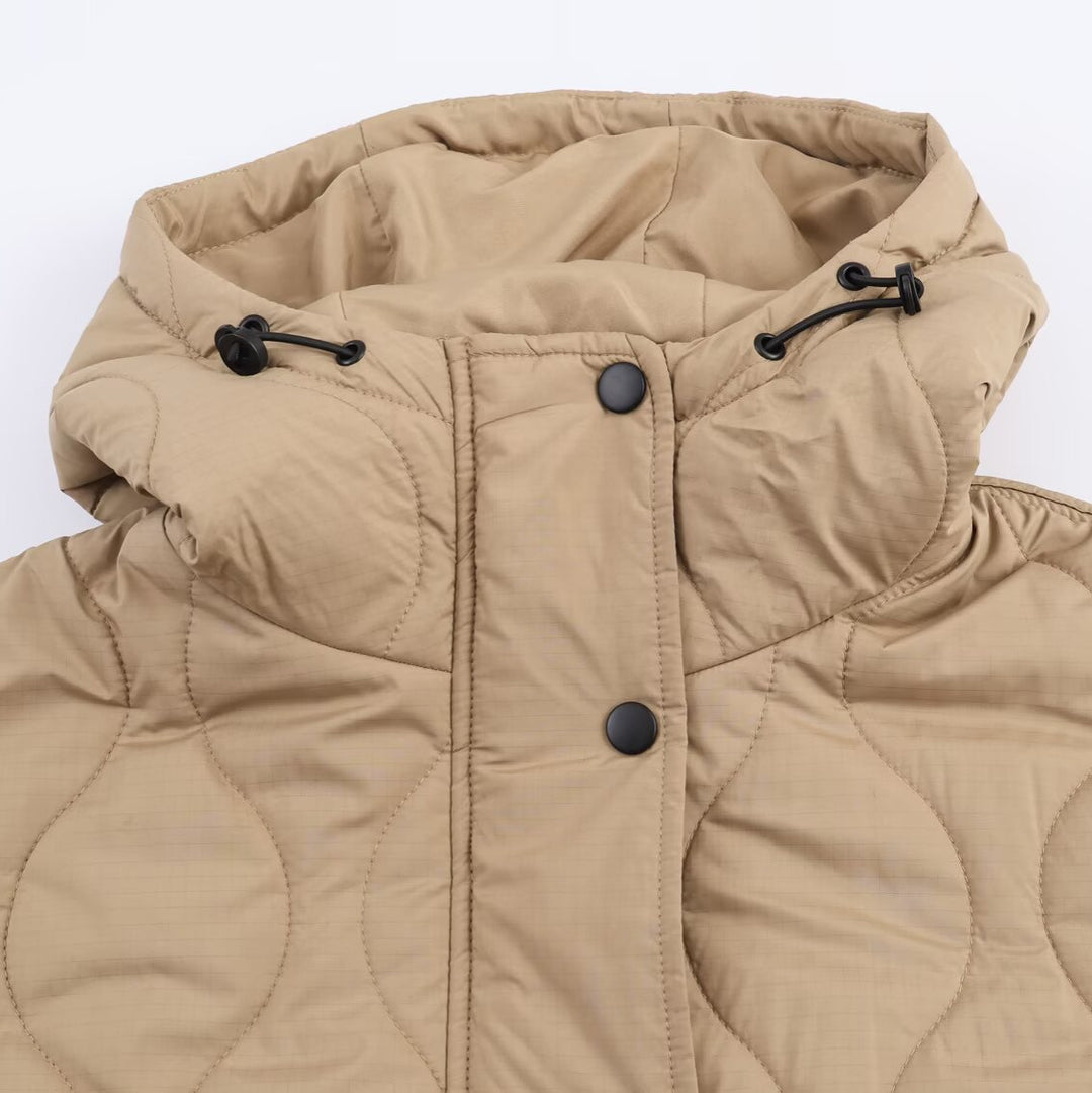 Damen gesteppte Übergangsjacke mit Kapuze und großen Taschen Drune