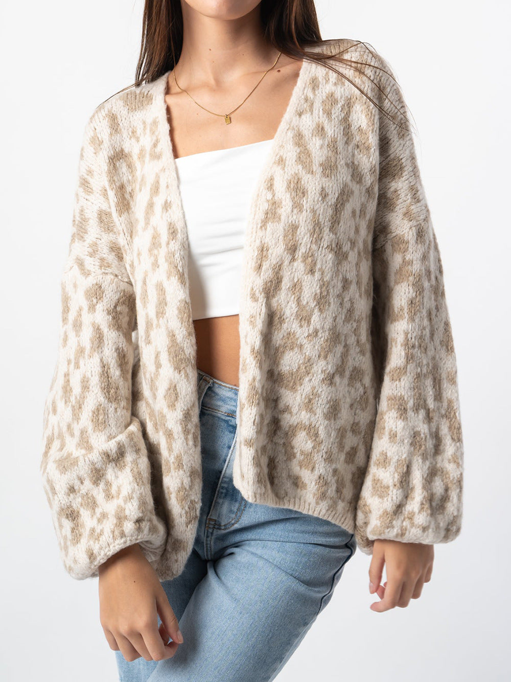 Damen Oversized Strickjacke mit trendy Leopardenmuster und voluminösen Ärmeln Drune