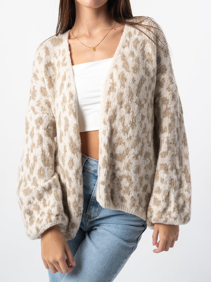 Damen Oversized Strickjacke mit trendy Leopardenmuster und voluminösen Ärmeln Drune