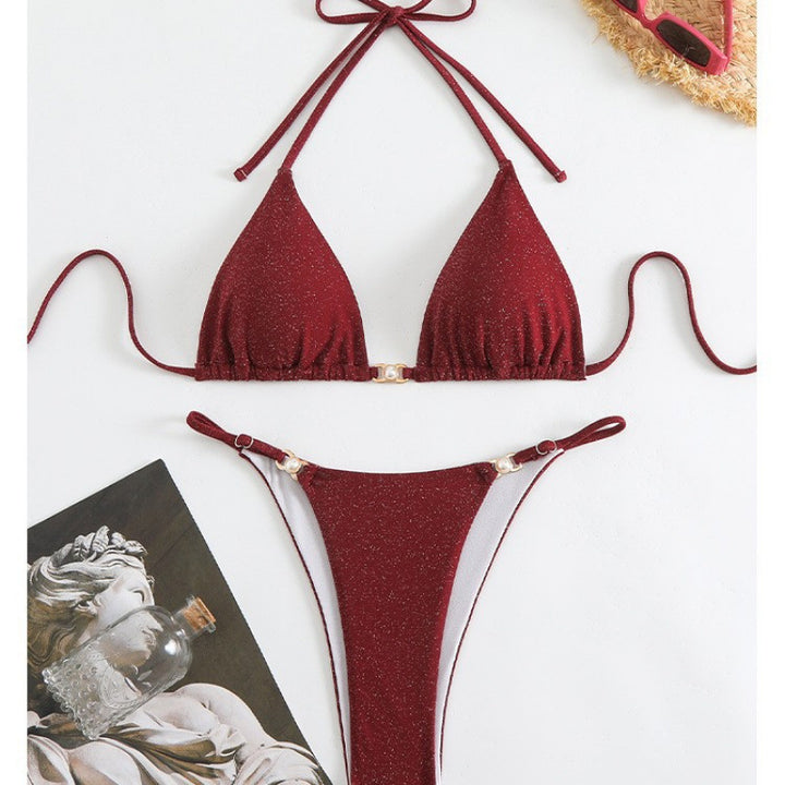 Damen Triangel-Bikini mit glitzerndem Stoff und verstellbaren Trägern Drune
