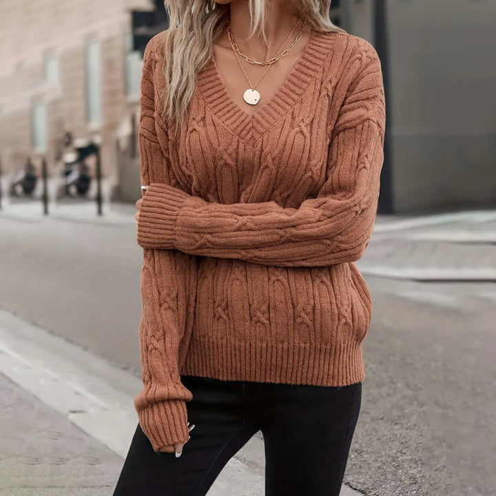 Damen Großer Strickpullover mit lässigem V-Ausschnitt und feinem Zopfmuster Drune