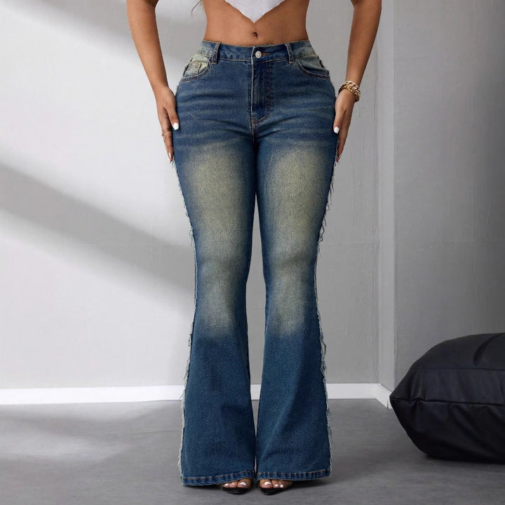 Damen Bootcut Jeans mit hohem Bund aus leichtem Denim und fransigen Details Drune