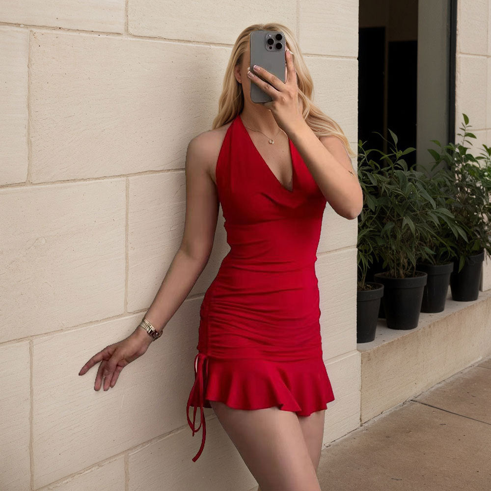 Damen Figurbetontes Minikleid mit Rüschendetail und elegantem V-Ausschnitt Drune