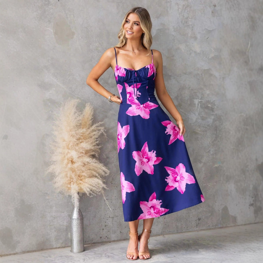 Damen Maxikleid mit floralem Muster und raffiniertem Rüschendetail Drune