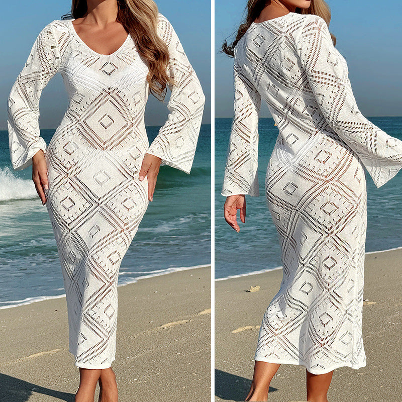Damen Häkel-Strandkleid mit weit ausgestellten Ärmeln und geometrischem Muster Drune