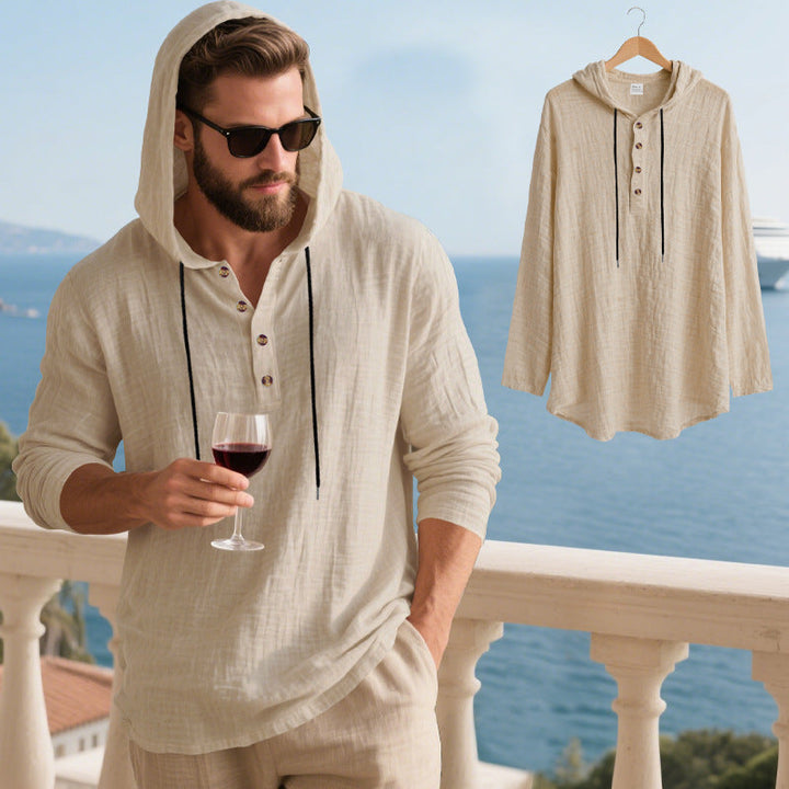 Herren lässiges Kapuzenshirt aus weichem Baumwollmix mit Knopfleiste und praktischen Taschen Drune