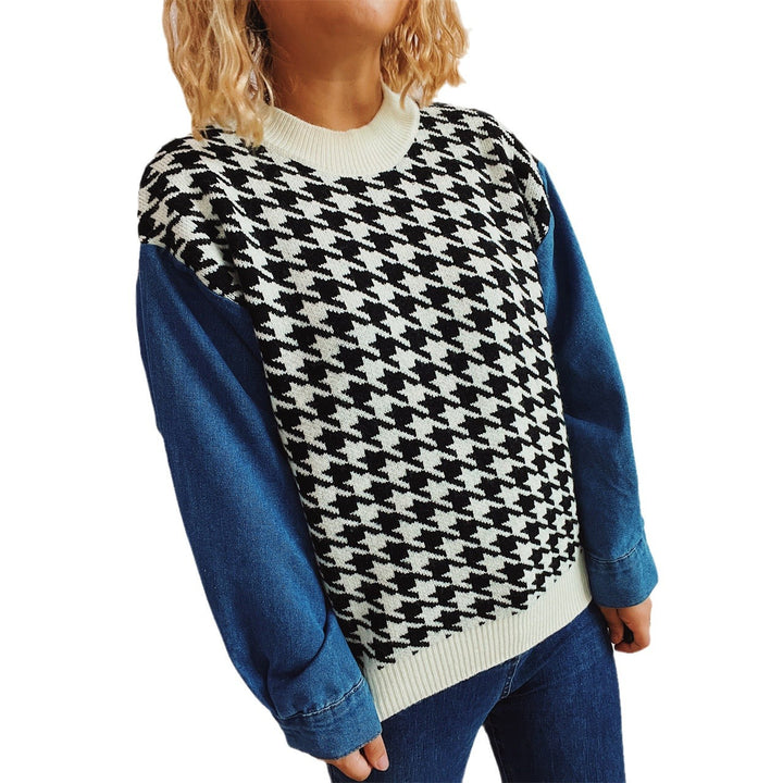 Damen lässiger Pullover mit modernem Hahnentrittmuster und Denim-Ärmeln Drune