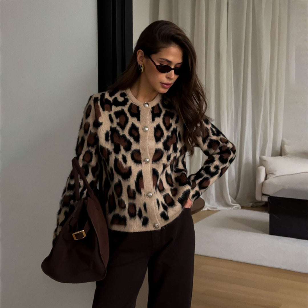 Damen Cardigan mit Leopardenmuster und Knopfdetails Drune