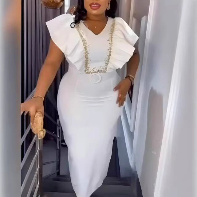 Damen Elegantes Maxikleid mit dekorativen Rüschen und schimmerndem Gürtel Drune