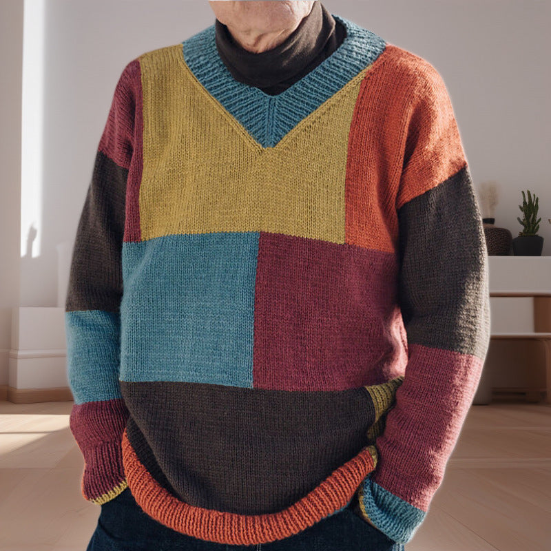 Herren gemusterter Pullover mit Farbblockdesign und modernem V-Ausschnitt Drune