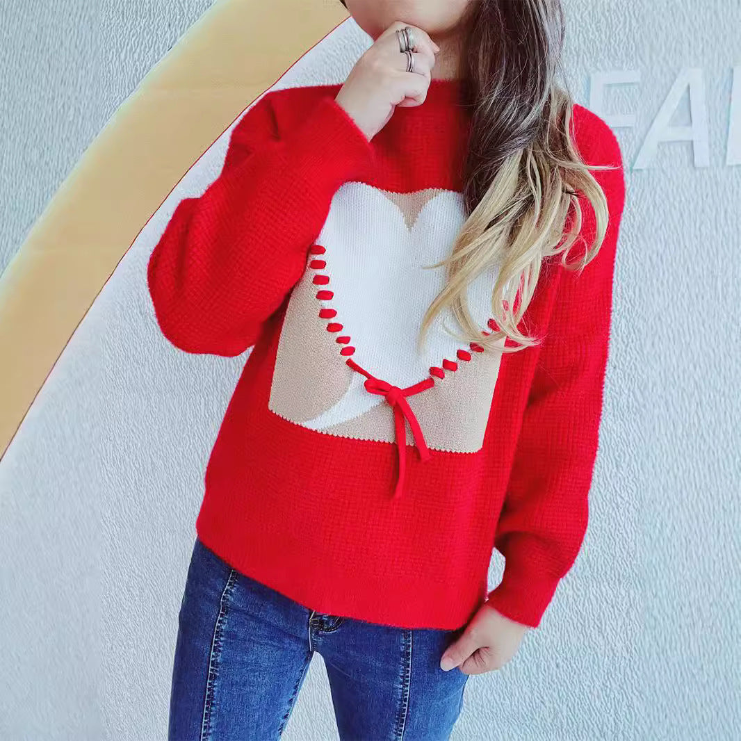 Damen modischer Pullover mit Herzapplikation und rückseitigem Kordelzug Drune