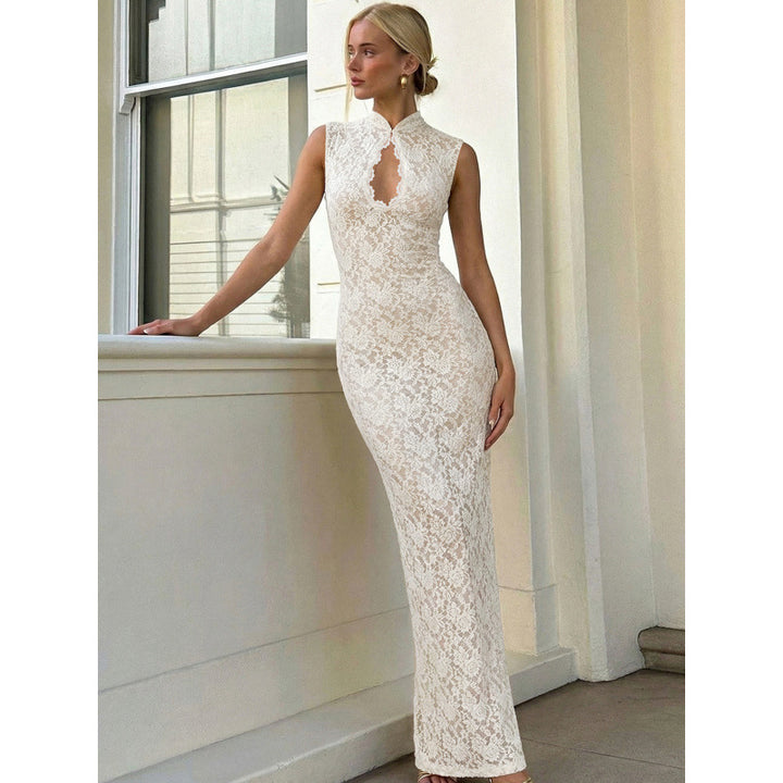 Damen Spitzenkleid mit hohem Kragen und figurbetonter Silhouette Drune