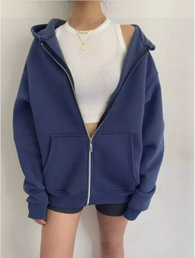 Damen nan minimalistisches French-Terry Zip-Hoodie mit durchgehendem Reißverschluss, Kängurutasche und Daumenloch-Ärmeln Drune