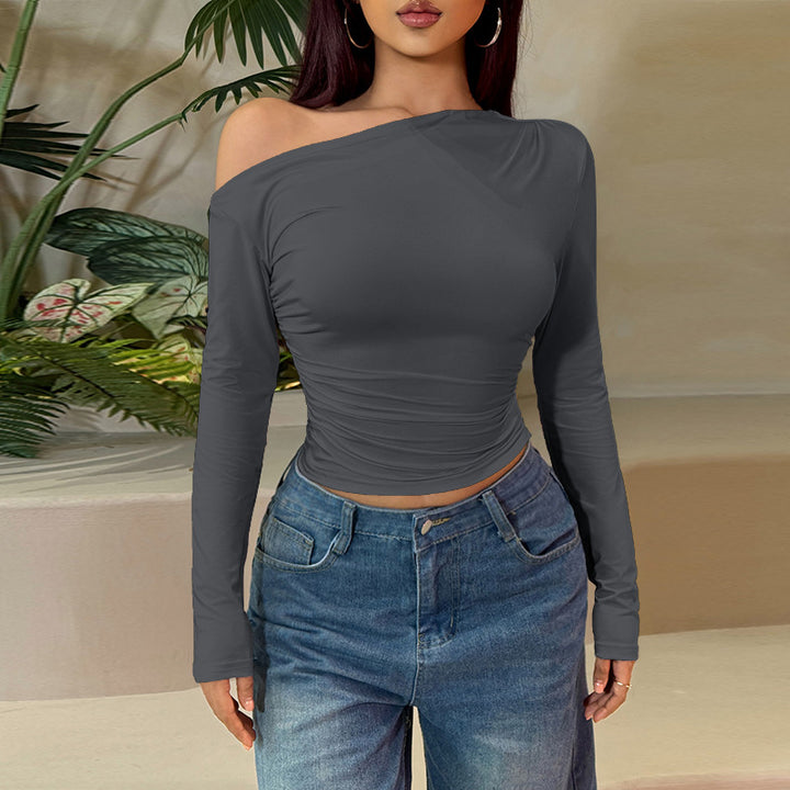 Damen Langarm-Crop-Top mit asymmetrischem Ausschnitt und Raffung Drune