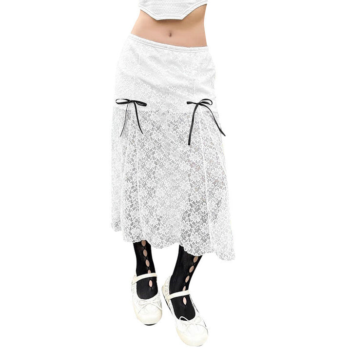Damen eleganter Spitzenrock mit transparenten Einsätzen und raffinierten Bindebändern Drune