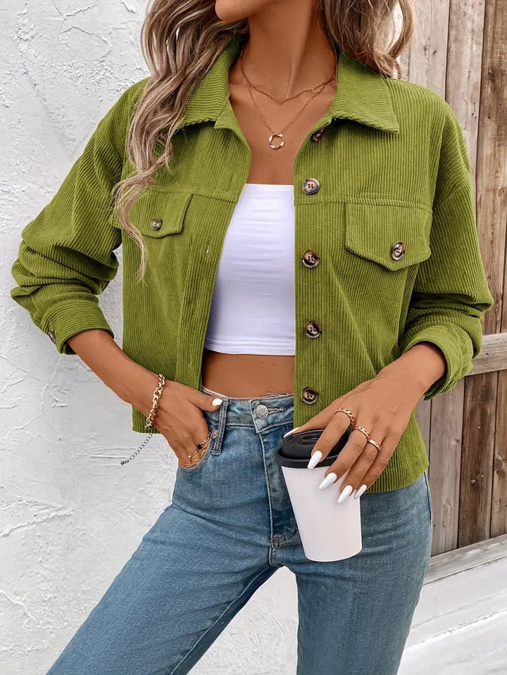 Damen lässige Cordjacke mit praktischen Taschen und modischen Knöpfen Drune