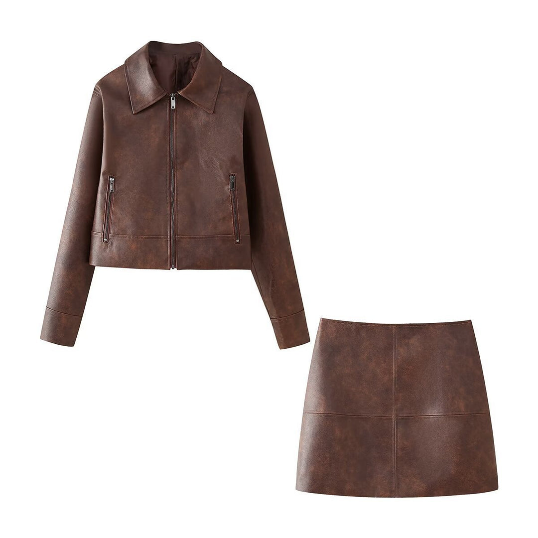 Damen cropped Kunstlederjacke mit stylischem Stehkragen und Reißverschlusstaschen Drune