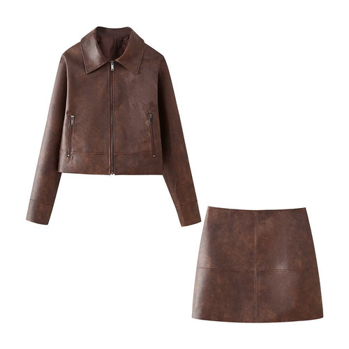 Damen cropped Kunstlederjacke mit stylischem Stehkragen und Reißverschlusstaschen Drune