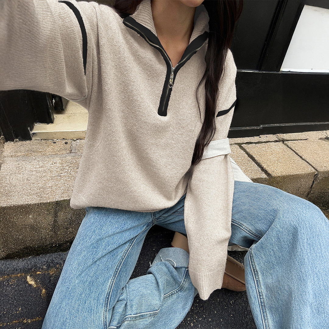 Damen nan oversized Strickpullover mit halbem Reißverschluss, Kontrastpaspeln und überschnittener Schulter Drune