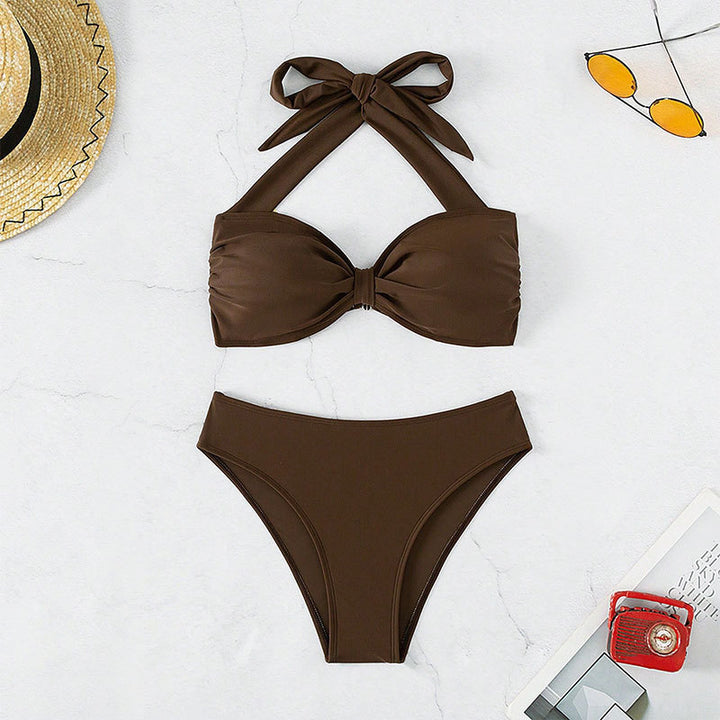 Damen Bandeau-Bikini mit dekorativem Knoten und hoher Taille Drune