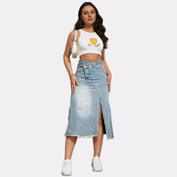 Damen Midi-Jeansrock mit hoher Taille und modischem Fransenabschluss Drune