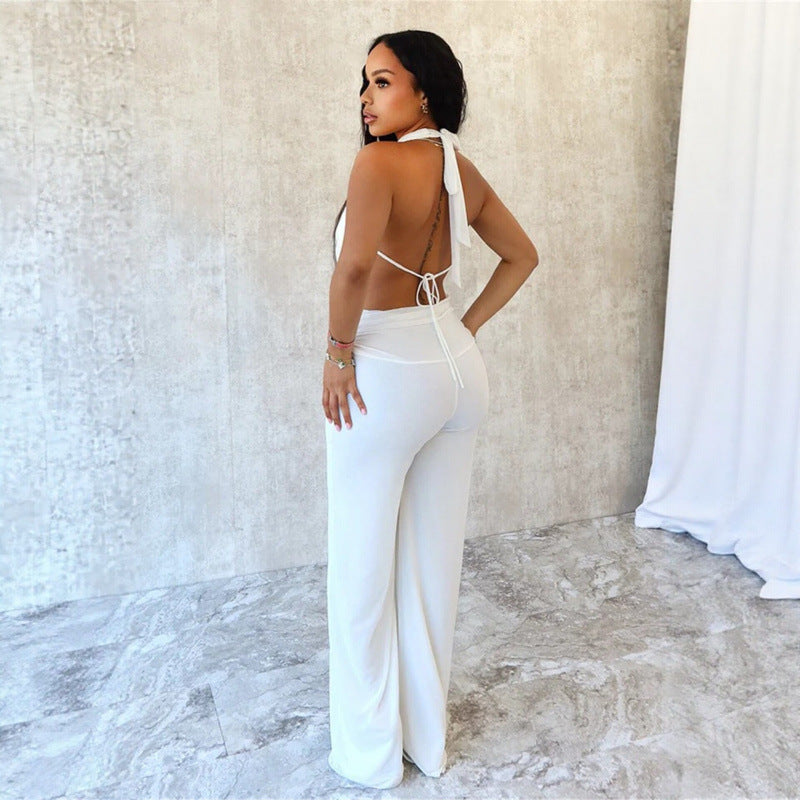 Damen Eleganter Deep-V Jumpsuit mit geschwungenem Rücken und weit geschnittenen Beinen Drune