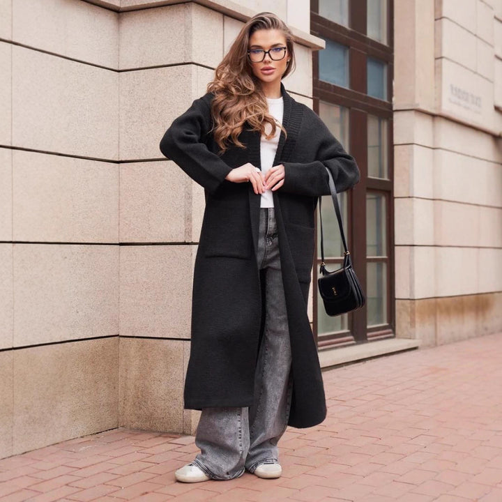 Damen Strickmantel mit tiefem V-Ausschnitt und großen Taschen Drune
