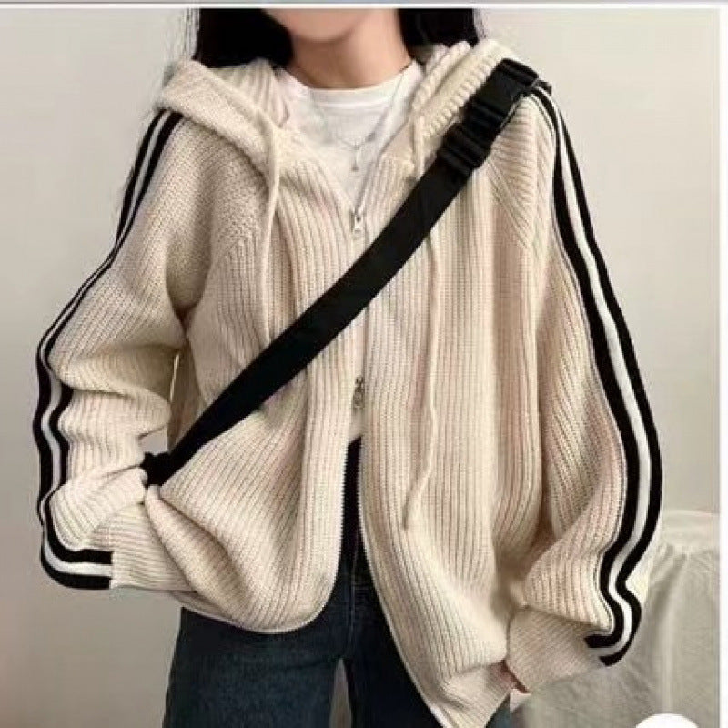 Damen lässiger Strickhoodie mit tiefem V-Ausschnitt und seitlichen Streifen Drune