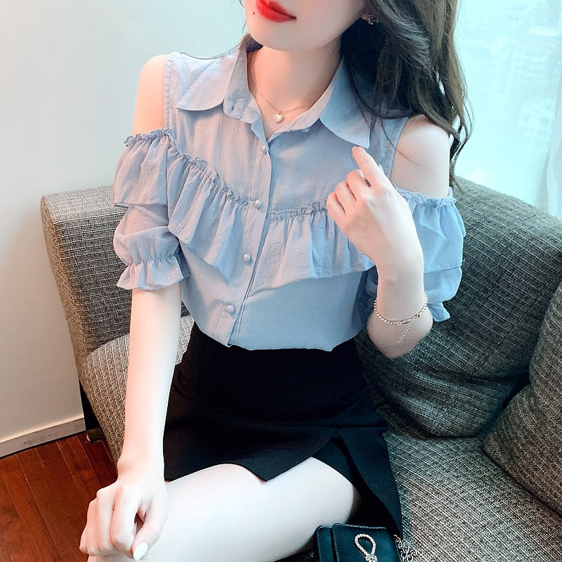 Damen Hemdbluse mit Rüschendetails und Off-Shoulder Design Drune