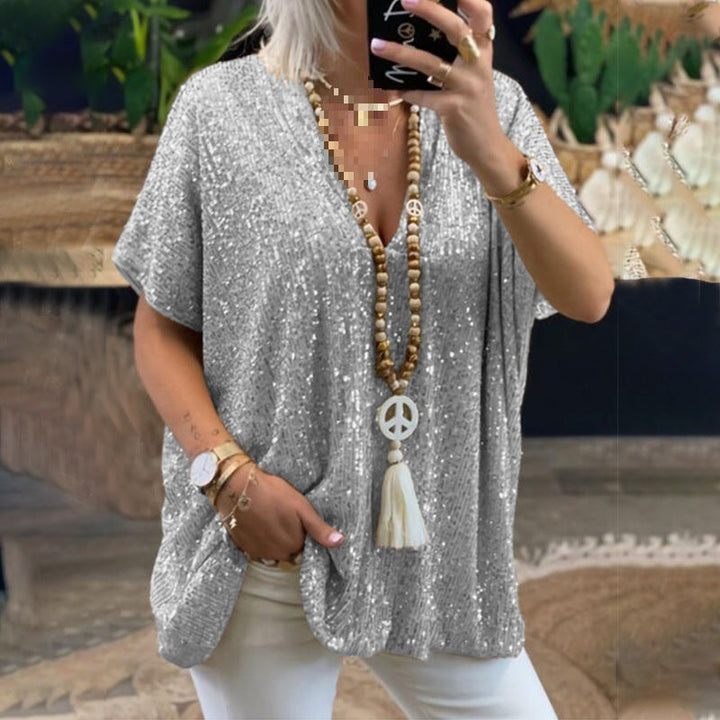 Damen Glamouröses Pailletten-Tunikashirt mit V-Ausschnitt Drune