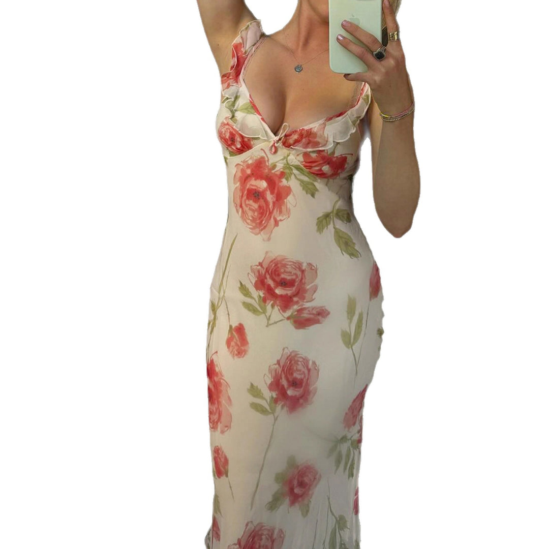 Damen Maxikleid mit floralem Design und Spaghetti-Trägern Drune