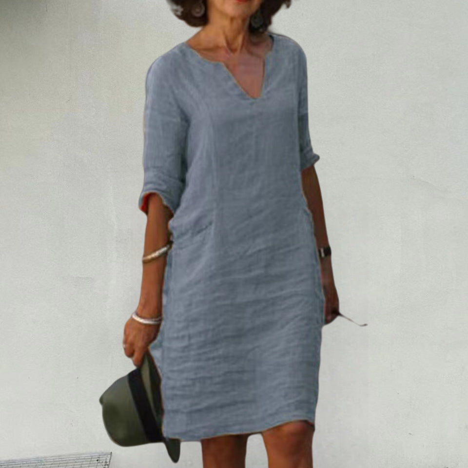 Damen Leichtes Sommerkleid mit eleganter V-Ausschnitt-Front und praktischen Seitentaschen Drune
